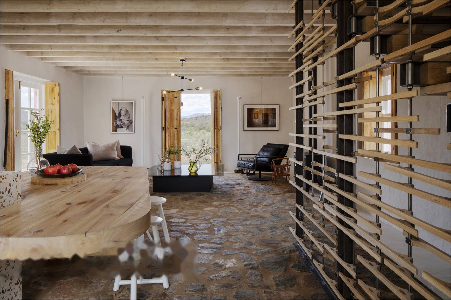 Buffelsdrift pink building — living room past the slatted timber and steel screen